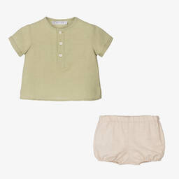 Paloma de la O-Baby Boys Green Cotton & Linen Shorts Set | Childrensalon Outlet