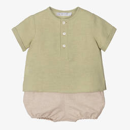 Paloma de la O-Baby Boys Green Cotton & Linen Shorts Set | Childrensalon Outlet