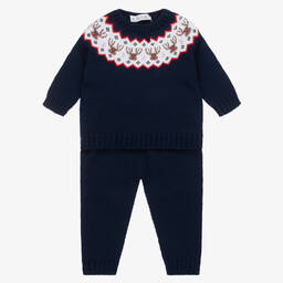 Paloma de la O-Baby Boys Navy Blue Knitted Trouser Set | Childrensalon Outlet
