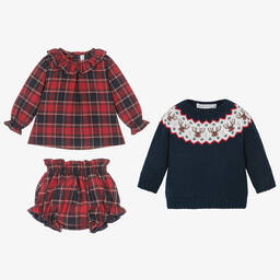 Paloma de la O-Baby Girls Blue & Red Cotton Shorts Set | Childrensalon Outlet