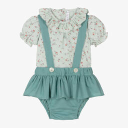 بالوما دي لا أو-طقم شورت كتان وقطن لون أخضر للمولودات | Childrensalon Outlet