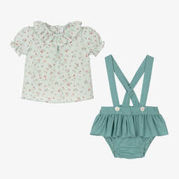 بالوما دي لا أو-طقم شورت كتان وقطن لون أخضر للمولودات | Childrensalon Outlet