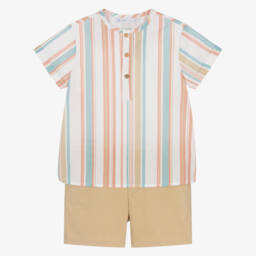 Paloma de la O-Beige & Pink Striped Boys' Summer Set | Childrensalon Outlet