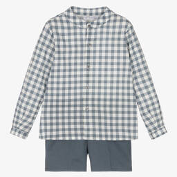 Paloma de la O-Boys Blue Cotton Check Shorts Set | Childrensalon Outlet