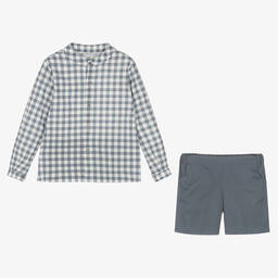 Paloma de la O-Boys Blue Cotton Check Shorts Set | Childrensalon Outlet