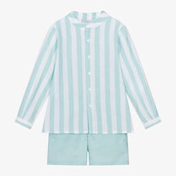 Paloma de la O-Boys Green Striped Cotton Shorts Set | Childrensalon Outlet