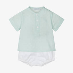 Paloma de la O-Boys Green & White Linen Blend Outfit | Childrensalon Outlet