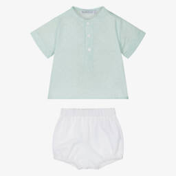 Paloma de la O-Boys Green & White Linen Blend Outfit | Childrensalon Outlet