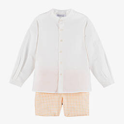 Paloma de la O-Boys Ivory Shirt & Orange Check Shorts Set | Childrensalon Outlet