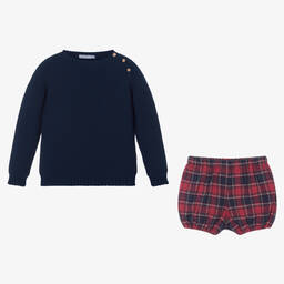 بالوما دي لا أو-طقم شورت أكريليك محبوك تارتان لون كحلي وأحمر | Childrensalon Outlet