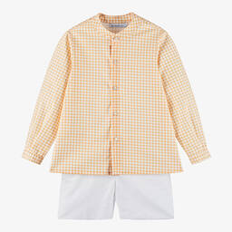 Paloma de la O-Boys Orange Check Shirt & White Shorts Set | Childrensalon Outlet