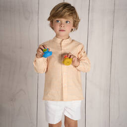 Paloma de la O-Boys Orange Check Shirt & White Shorts Set | Childrensalon Outlet