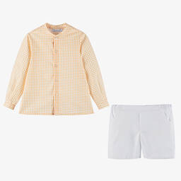 Paloma de la O-Boys Orange Check Shirt & White Shorts Set | Childrensalon Outlet