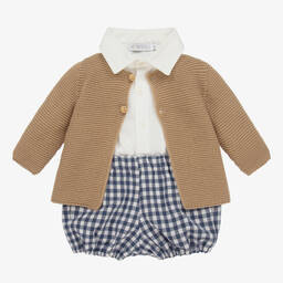Paloma de la O-Girls Beige & Blue Check Shorts Set | Childrensalon Outlet