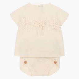Paloma de la O-Girls Beige Organic Knit Short Ensemble | Childrensalon Outlet