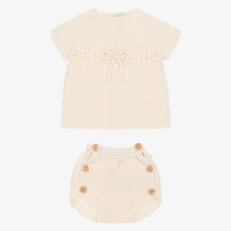 Paloma de la O-Girls Beige Organic Knit Short Ensemble | Childrensalon Outlet