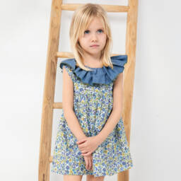 Paloma de la O-Girls Floral Cotton Dress in Blue | Childrensalon Outlet