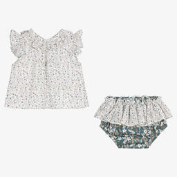 Paloma de la O-طقم شورت قطن لون أبيض وأزرق بطبعة ورود | Childrensalon Outlet