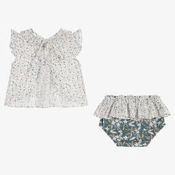 Paloma de la O-طقم شورت قطن لون أبيض وأزرق بطبعة ورود | Childrensalon Outlet