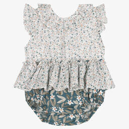 Paloma de la O-طقم شورت قطن لون أبيض وأزرق بطبعة ورود | Childrensalon Outlet