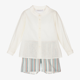 Paloma de la O-White & Blue Linen Shorts Set | Childrensalon Outlet