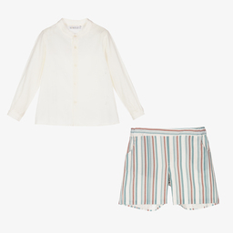 Paloma de la O-White & Blue Linen Shorts Set | Childrensalon Outlet