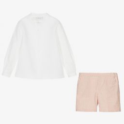 Paloma de la O-طقم شورت مزيج قطن وكتان لون أبيض وزهري للأولاد | Childrensalon Outlet