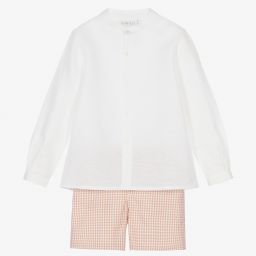 Paloma de la O-طقم شورت مزيج قطن وكتان لون أبيض وزهري للأولاد | Childrensalon Outlet