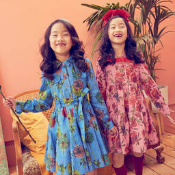 Pan Con Chocolate-Blue Flower Cotton Shirt Dress | Childrensalon Outlet