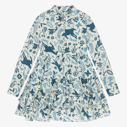 Pan Con Chocolate-Girls Ivory & Blue Cotton Shirt Dress | Childrensalon Outlet