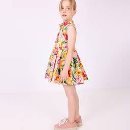 Pan Con Chocolate-فستان قطن بوبلين لون زهري بطبعة ورود | Childrensalon Outlet