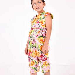 Pan Con Chocolate-Girls Pink Floral Cotton Jumpsuit | Childrensalon Outlet