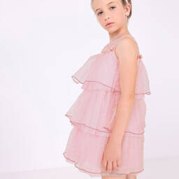 بان كون شوكولا-فستان أورغانزا مزين بكشكش لون زهري | Childrensalon Outlet