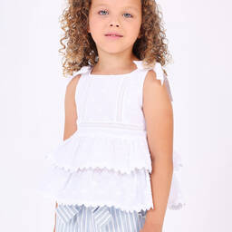 Pan Con Chocolate-Girls White Embroidered Cotton Top | Childrensalon Outlet