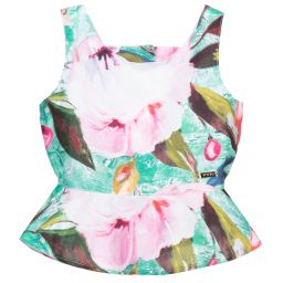 Pan Con Chocolate-توب لون أحضر و زهري بطبعة  ورود | Childrensalon Outlet