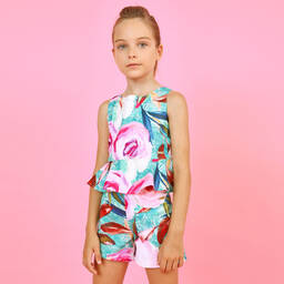 Pan Con Chocolate-توب لون أحضر و زهري بطبعة  ورود | Childrensalon Outlet