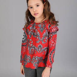 Pan Con Chocolate-بلوز قطن لون أحمر ورمادي للبنات | Childrensalon Outlet