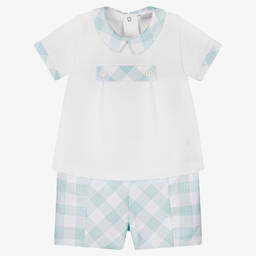 Patachou-طقم شورت قطن كاروهات لون أبيض وأزرق تركواز | Childrensalon Outlet
