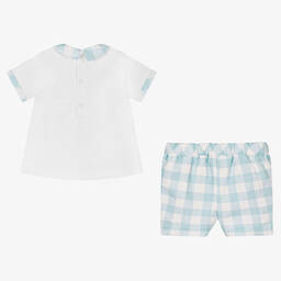 Patachou-طقم شورت قطن كاروهات لون أبيض وأزرق تركواز | Childrensalon Outlet
