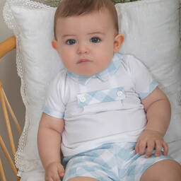 Patachou-طقم شورت قطن كاروهات لون أبيض وأزرق تركواز | Childrensalon Outlet