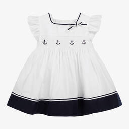 Patachou-Baby Girls White & Blue Cotton Dress | Childrensalon Outlet