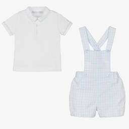 Patachou-طقم دانغريز قطن بيكيه كاروهات لون أبيض وأزرق | Childrensalon Outlet