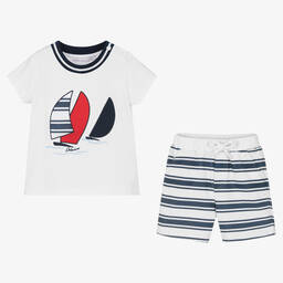 Patachou-Белая футболка с парусником и синие шорты из хлопка | Childrensalon Outlet