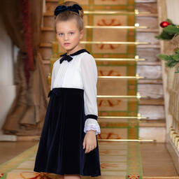 Patachou-Blue & White Velvet Dress | Childrensalon Outlet