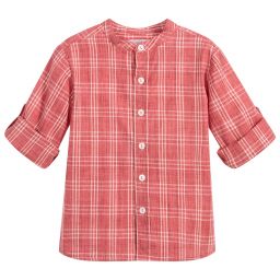 Patachou-قميص كتّان كاروهات لون أحمر مرجاني للأولاد | Childrensalon Outlet