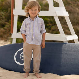 Patachou-Boys Blue & Beige Striped Cotton Shirt | Childrensalon Outlet
