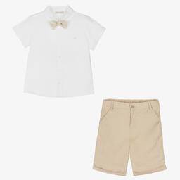 Patachou-Boys White & Beige Linen Shorts Set | Childrensalon Outlet
