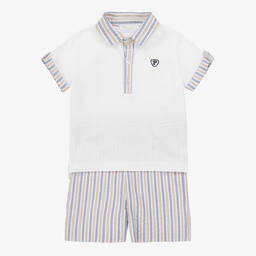 Patachou-Boys White & Blue Cotton Shorts Set | Childrensalon Outlet