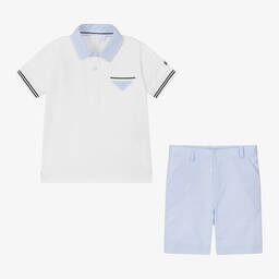 Patachou-Boys White & Blue Polo Shorts Set | Childrensalon Outlet