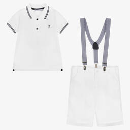 Patachou-طقم شورت قطن بيكيه وكتان لون أبيض للأولاد | Childrensalon Outlet